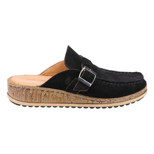 Load image into Gallery viewer, Sorcha Standard Fit Women&#39;s Leather (Nubuck Or Suede) Slip On Mid Wedge Closed Toe Mule With Buckle Detail Sandal
