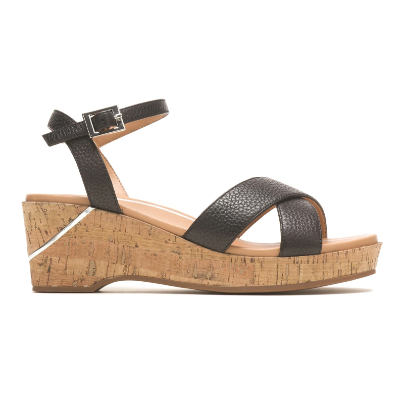 Maya Quarter Strap Wide Fit Women's Crossover Leather Cork Wedge With Metal Trim Strappy Sandal