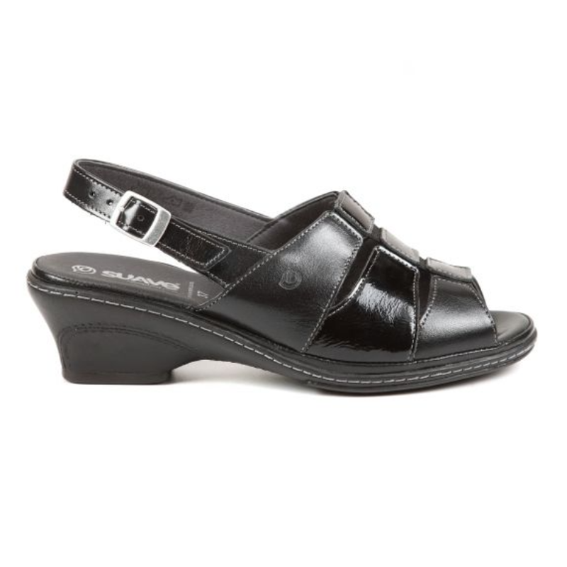 Ebony - Wide Fit Women's Leather Patent Small Heel Sling Back Sandal