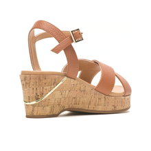 Load image into Gallery viewer, Maya Quarter Strap Wide Fit Women&#39;s Crossover Leather Cork Wedge With Metal Trim Strappy Sandal
