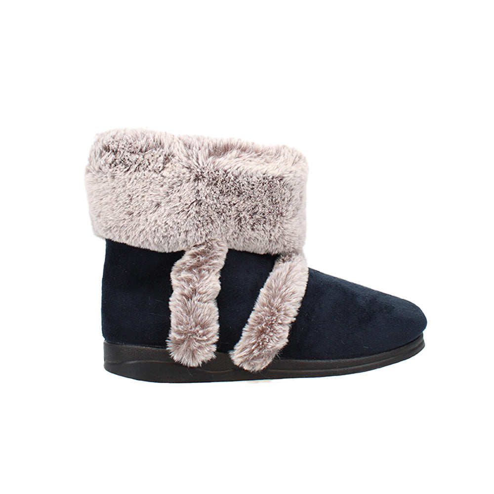 Selina Wide Fit Women's Slip On Faux Fur Trim Boot Slipper